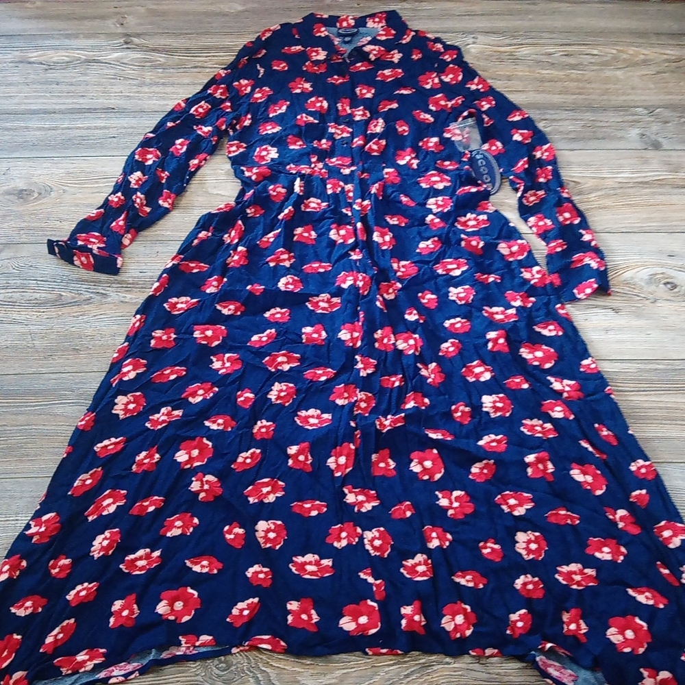 New Floral Poppy Long Sleeve Button Shirt Style Flowy Dress